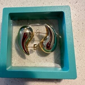 14kt Gold Plated Teardrop Earring 1 1/4” Long Pierced in a sky blue box